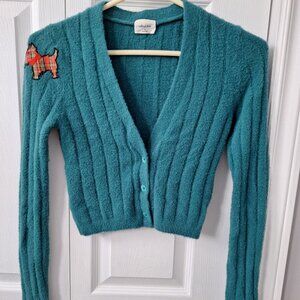 Wilfred Teal Hush Knit Cropped Cardigan with Tartan Scottie Patch